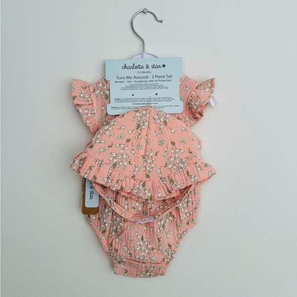 Charlotte & Star Floral Romper, Hat, & Heart Sunglasses Set Size 0-3 Months NWT - Picture 9 of 14